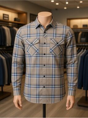 Men's Grey and Blue Plaid Button-Up Shirt